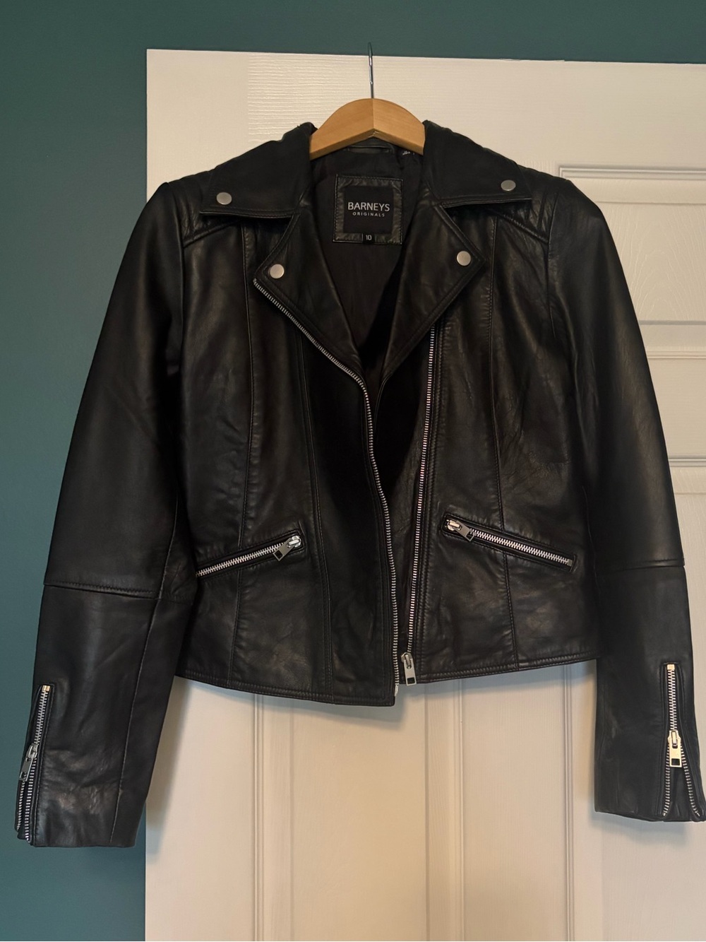 Barneys New York Black Leather Asymmetrical Zip Moto Jacket